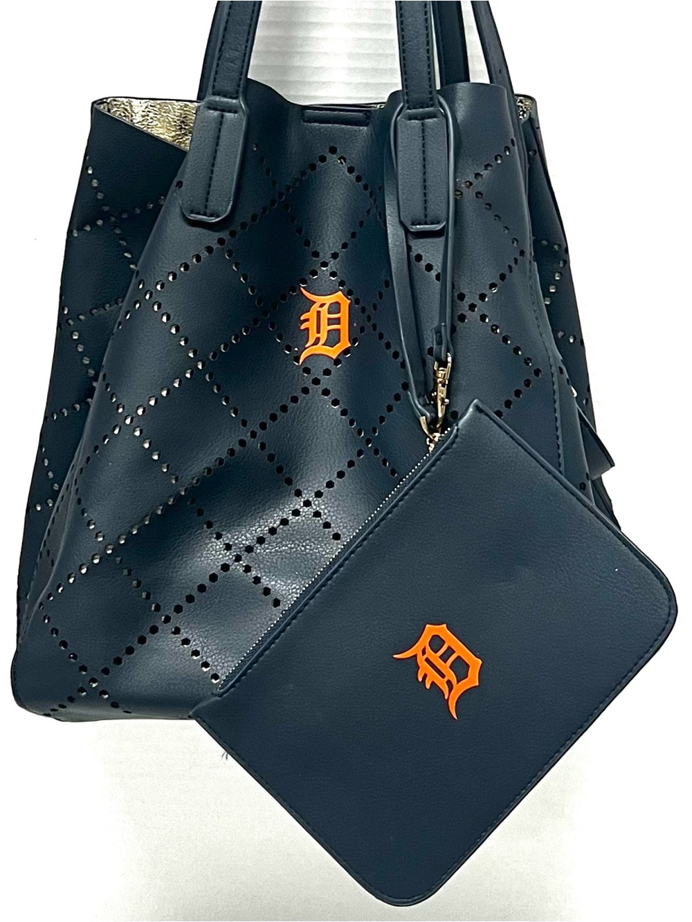 Navy Perforated Tote with Orange Logo Detroit Tigers logoWomen Bags